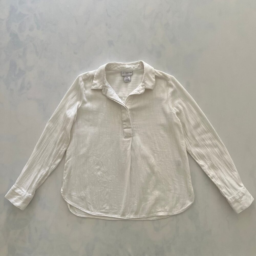 Liz Claiborne Petite White Cotton Button V-Neck Long Sleeve Cover Up Blouse